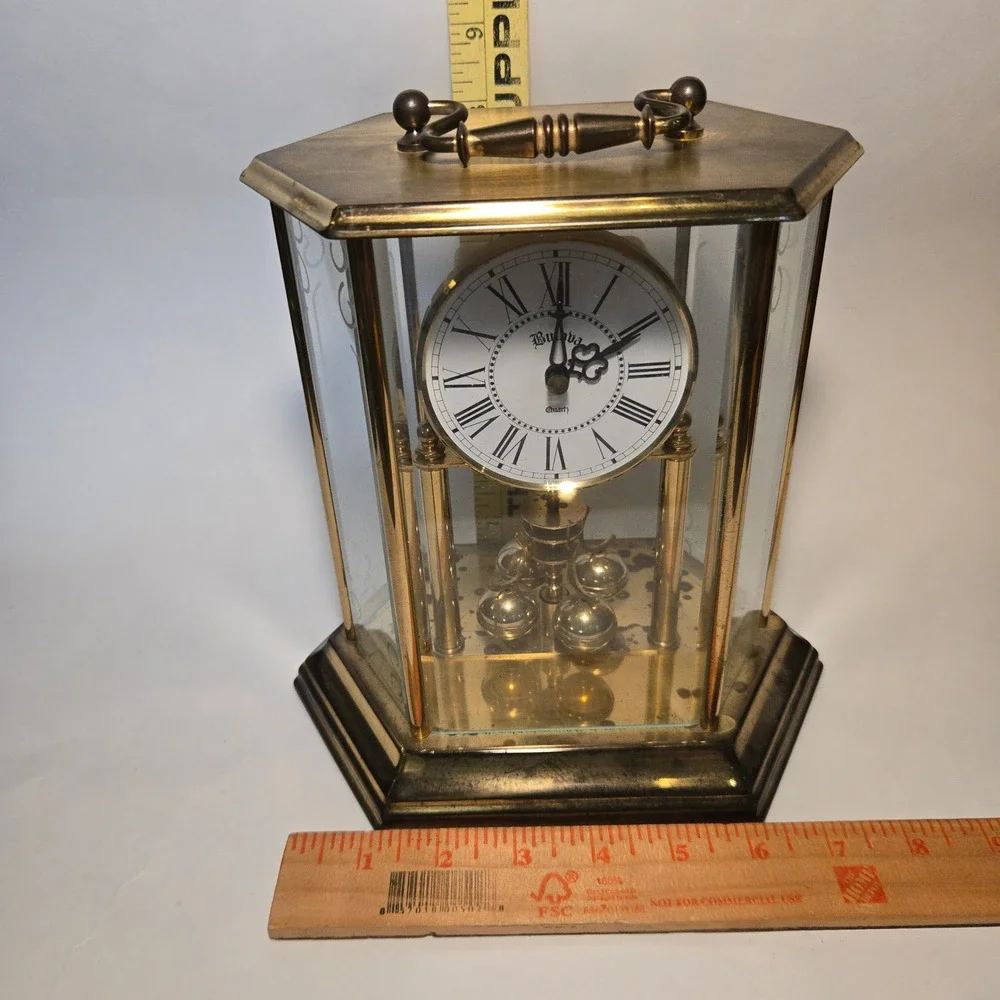 VTG Bulova Anniversary Clock Glass Gold Brass Rotating Pendulum Quartz GERMANY